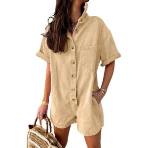imagechouyatou Womens Denim Button Down Wide Leg Jumpsuit Overalls Short Sleeve Baggy Romper Shorts with PocketsKhaki