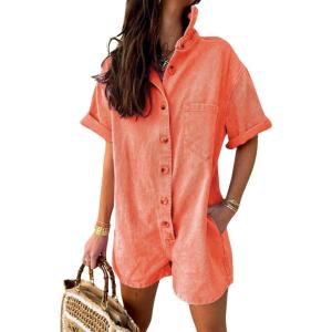 imagechouyatou Womens Denim Button Down Wide Leg Jumpsuit Overalls Short Sleeve Baggy Romper Shorts with PocketsOrange