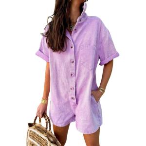 imagechouyatou Womens Denim Button Down Wide Leg Jumpsuit Overalls Short Sleeve Baggy Romper Shorts with PocketsPurple