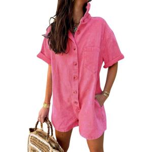 imagechouyatou Womens Denim Button Down Wide Leg Jumpsuit Overalls Short Sleeve Baggy Romper Shorts with PocketsRose Red