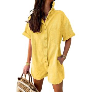 imagechouyatou Womens Denim Button Down Wide Leg Jumpsuit Overalls Short Sleeve Baggy Romper Shorts with PocketsYellow