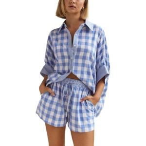 imagechouyatou Womens Plaid 2 Piece Outfits Short Sleeve Button Down Shirt and Wide Leg Shorts Matching SetBlue
