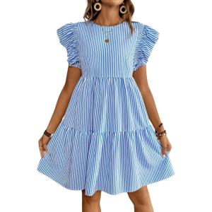 imagechouyatou Womens Summer Cotton Striped Mini Dress Flutter Sleeve Ruffle Tiered Babydoll Party Short Sun DressBlue