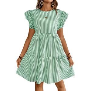 imagechouyatou Womens Summer Cotton Striped Mini Dress Flutter Sleeve Ruffle Tiered Babydoll Party Short Sun DressGreen