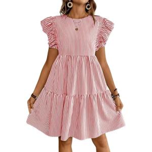 imagechouyatou Womens Summer Cotton Striped Mini Dress Flutter Sleeve Ruffle Tiered Babydoll Party Short Sun DressRed