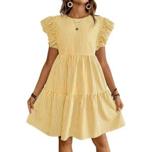 imagechouyatou Womens Summer Cotton Striped Mini Dress Flutter Sleeve Ruffle Tiered Babydoll Party Short Sun DressYellow