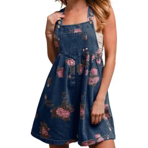 imagechouyatou Womens Summer Embroidered Floral Denim Short Overalls Workout Sleeveless Jean Romper with PocketsDark Blue