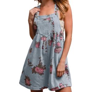 imagechouyatou Womens Summer Embroidered Floral Denim Short Overalls Workout Sleeveless Jean Romper with PocketsLight Blue