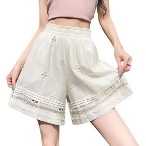 imagechouyatou Womens Summer Eyelet Embroidery Wide Leg Shorts Elastic Waist Loose Comfy Beach Shorts with PocketsApricot