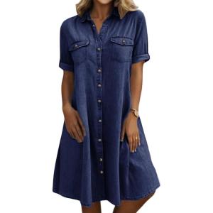 imagechouyatou Womens Summer Short Sleeve Denim Shirt Dress Business Casual Button Down Midi Long Jean DressDenim Blue