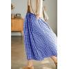 imagechouyatou Womens Cotton Linen Pants Elastic Waist Plaid Gingham Wide Leg Capri Palazzo PantsBright Blue