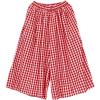 imagechouyatou Womens Cotton Linen Pants Elastic Waist Plaid Gingham Wide Leg Capri Palazzo PantsRed