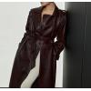 imagechouyatou Womens Fall Belted Faux Leather Trench Coat Double Breasted Maxi Long Winter Pea CoatRed