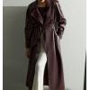 imagechouyatou Womens Fall Belted Faux Leather Trench Coat Double Breasted Maxi Long Winter Pea CoatRed