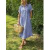 imagechouyatou Womens Summer Striped Midi Long Shirt Dress Casual Loose Short Sleeve Button Down DressBlue
