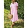 imagechouyatou Womens Summer Striped Midi Long Shirt Dress Casual Loose Short Sleeve Button Down DressPink