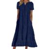 imagechouyatou Women Summer Ruffle Hem Floral Lace Eyelet Dress Casual Notch Neck Midi Tunic Dress with PocketNavy Blue