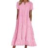 imagechouyatou Women Summer Ruffle Hem Floral Lace Eyelet Dress Casual Notch Neck Midi Tunic Dress with PocketPink
