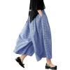 imagechouyatou Womens Cotton Linen Pants Elastic Waist Plaid Gingham Wide Leg Capri Palazzo PantsBlue Gingham