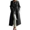 imagechouyatou Womens Fall Belted Faux Leather Trench Coat Double Breasted Maxi Long Winter Pea CoatBlack