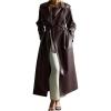 imagechouyatou Womens Fall Belted Faux Leather Trench Coat Double Breasted Maxi Long Winter Pea CoatRed