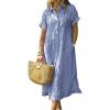 imagechouyatou Womens Summer Striped Midi Long Shirt Dress Casual Loose Short Sleeve Button Down DressBlue