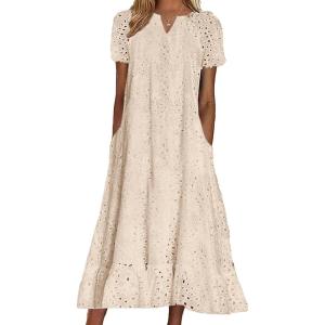imagechouyatou Women Summer Ruffle Hem Floral Lace Eyelet Dress Casual Notch Neck Midi Tunic Dress with PocketApricot