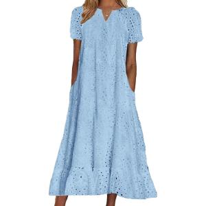 imagechouyatou Women Summer Ruffle Hem Floral Lace Eyelet Dress Casual Notch Neck Midi Tunic Dress with PocketBlue