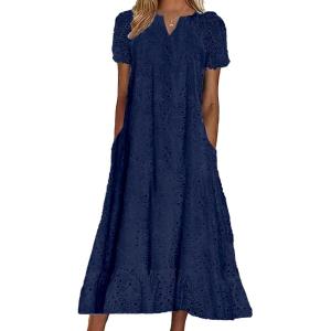 imagechouyatou Women Summer Ruffle Hem Floral Lace Eyelet Dress Casual Notch Neck Midi Tunic Dress with PocketNavy Blue