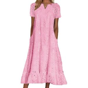 imagechouyatou Women Summer Ruffle Hem Floral Lace Eyelet Dress Casual Notch Neck Midi Tunic Dress with PocketPink