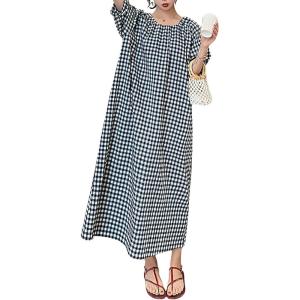 imagechouyatou Womens Casual Gingham LooseFit Swing Dress Cotton Lantern Puff Sleeve Plaid Midi Long DressBlack White