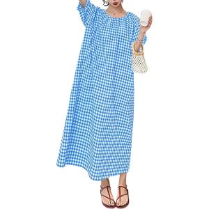 imagechouyatou Womens Casual Gingham LooseFit Swing Dress Cotton Lantern Puff Sleeve Plaid Midi Long DressBlue