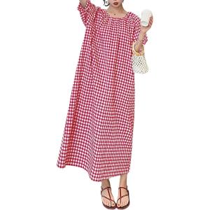 imagechouyatou Womens Casual Gingham LooseFit Swing Dress Cotton Lantern Puff Sleeve Plaid Midi Long DressRed