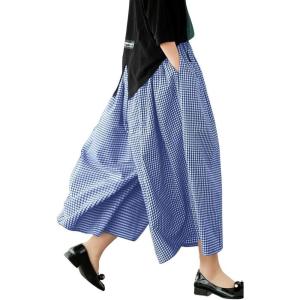 imagechouyatou Womens Cotton Linen Pants Elastic Waist Plaid Gingham Wide Leg Capri Palazzo PantsBlue Gingham
