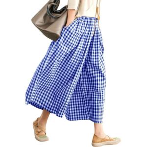 imagechouyatou Womens Cotton Linen Pants Elastic Waist Plaid Gingham Wide Leg Capri Palazzo PantsBright Blue