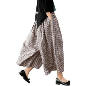 imagechouyatou Womens Cotton Linen Pants Elastic Waist Plaid Gingham Wide Leg Capri Palazzo PantsBrown Gingham