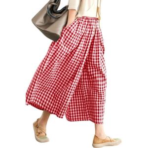 imagechouyatou Womens Cotton Linen Pants Elastic Waist Plaid Gingham Wide Leg Capri Palazzo PantsRed
