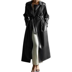 imagechouyatou Womens Fall Belted Faux Leather Trench Coat Double Breasted Maxi Long Winter Pea CoatBlack