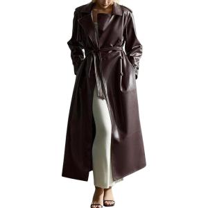 imagechouyatou Womens Fall Belted Faux Leather Trench Coat Double Breasted Maxi Long Winter Pea CoatRed