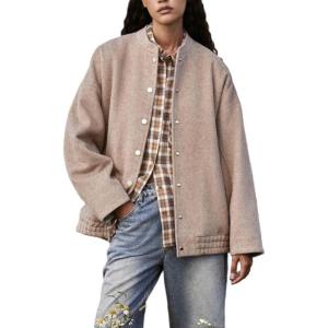 imagechouyatou Womens Fall Business Casual Herringbone Jacket Loose Fit Collarless Button Down CoatKhaki