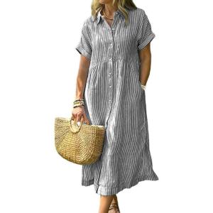 imagechouyatou Womens Summer Striped Midi Long Shirt Dress Casual Loose Short Sleeve Button Down DressBlack