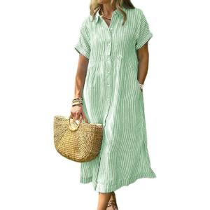 imagechouyatou Womens Summer Striped Midi Long Shirt Dress Casual Loose Short Sleeve Button Down DressGreen