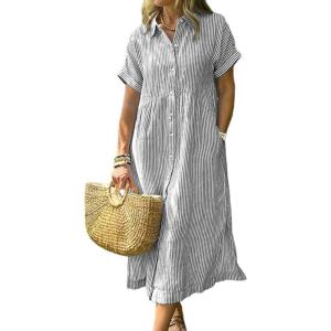 imagechouyatou Womens Summer Striped Midi Long Shirt Dress Casual Loose Short Sleeve Button Down DressGrey