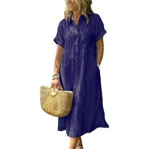 imagechouyatou Womens Summer Striped Midi Long Shirt Dress Casual Loose Short Sleeve Button Down DressNavy Blue
