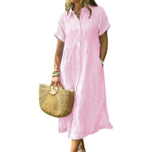 imagechouyatou Womens Summer Striped Midi Long Shirt Dress Casual Loose Short Sleeve Button Down DressPink