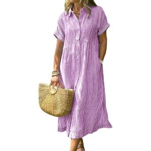 imagechouyatou Womens Summer Striped Midi Long Shirt Dress Casual Loose Short Sleeve Button Down DressPurple