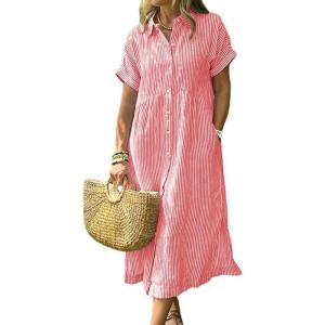 imagechouyatou Womens Summer Striped Midi Long Shirt Dress Casual Loose Short Sleeve Button Down DressRed