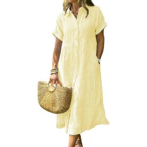 imagechouyatou Womens Summer Striped Midi Long Shirt Dress Casual Loose Short Sleeve Button Down DressYellow