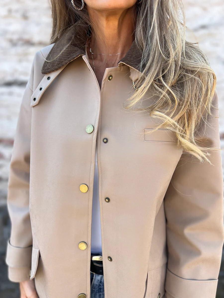 imagechouyatou Womens Vintage Corduroy Collar Faux Leather Jacket Single Breasted Pu Leather Long Trench Coat OuterwearKhaki