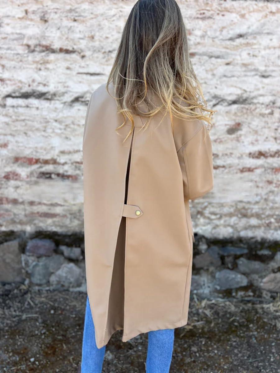 imagechouyatou Womens Vintage Corduroy Collar Faux Leather Jacket Single Breasted Pu Leather Long Trench Coat OuterwearKhaki